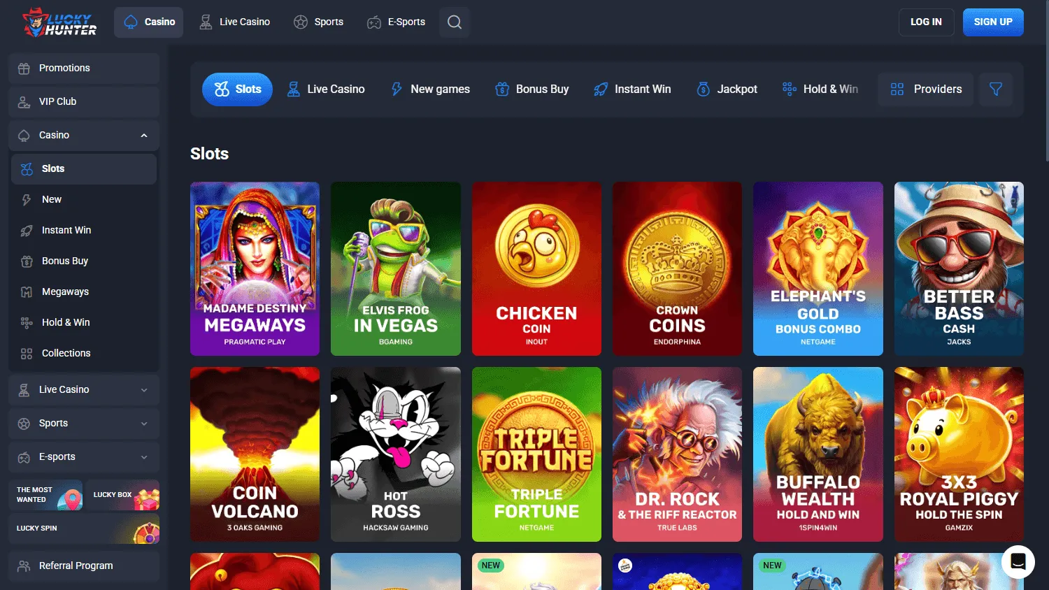 Lucky Hunter Casino desktop games screen