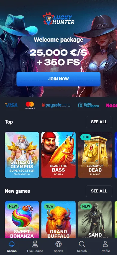 Lucky Hunter Casino mobile home screen