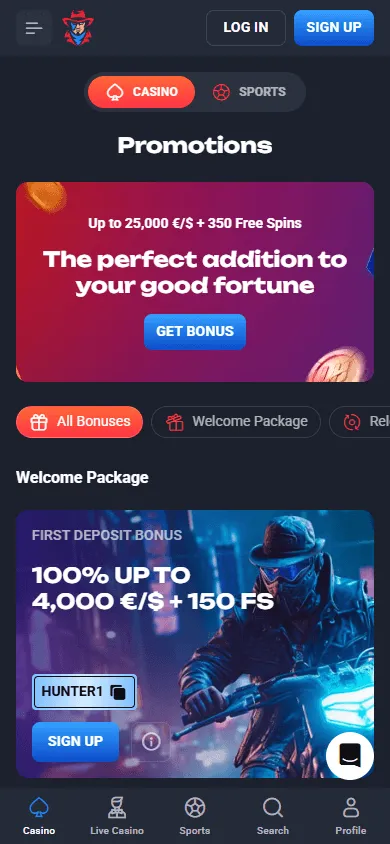 Lucky Hunter Casino mobile promotions screen