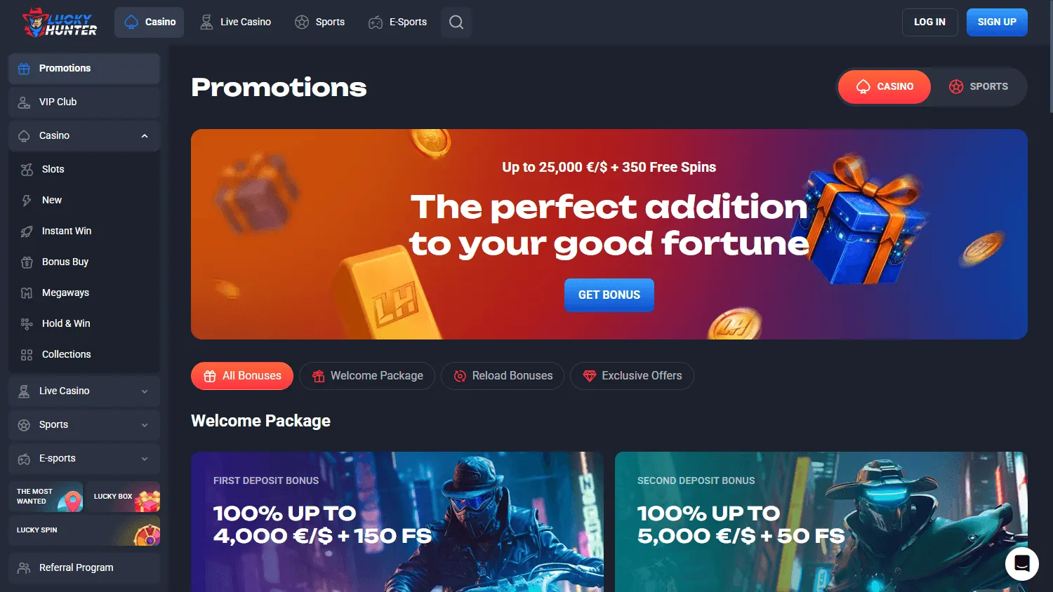 Lucky Hunter Casino desktop promotions screen
