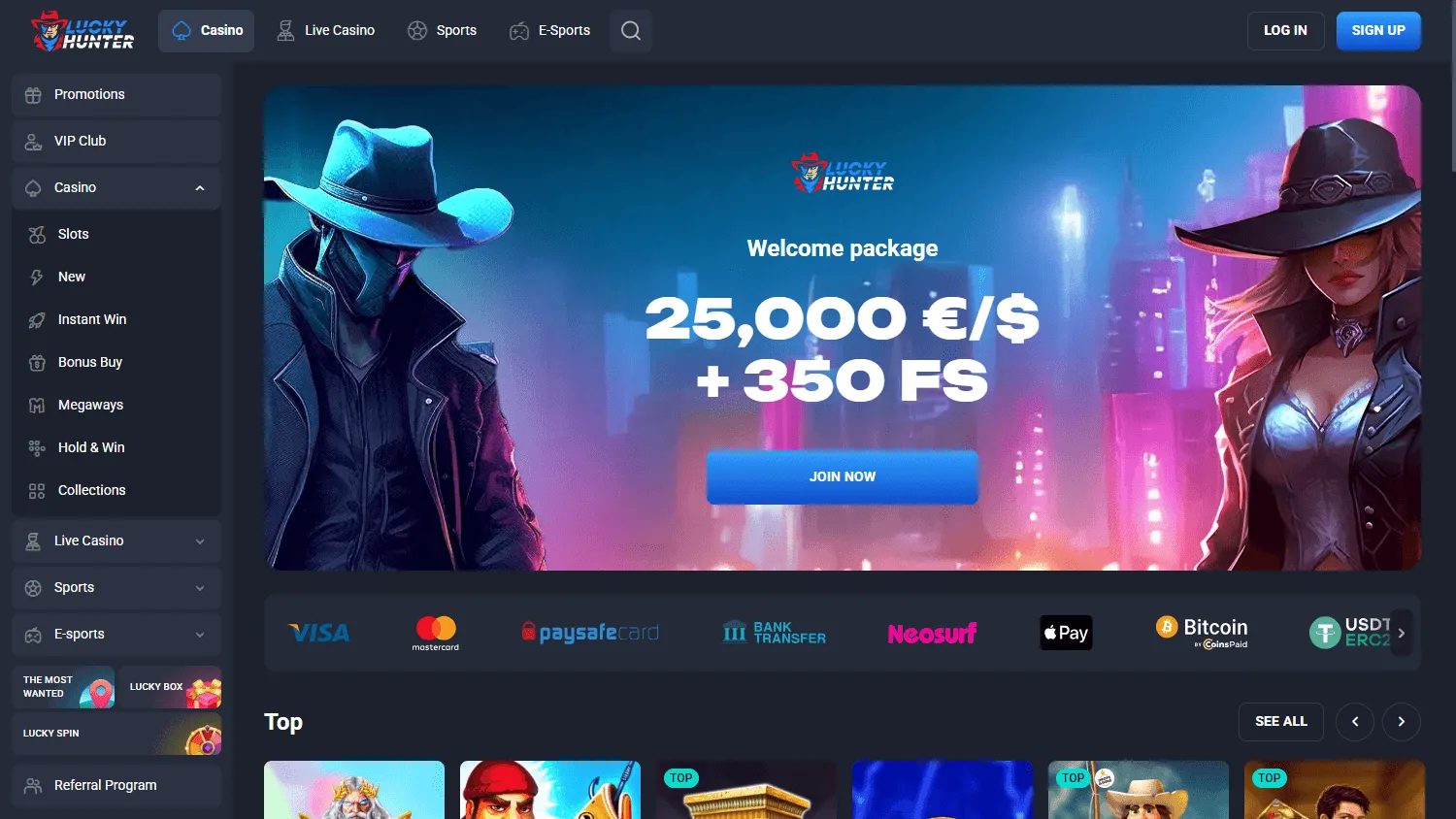 Lucky Hunter Casino desktop home screen